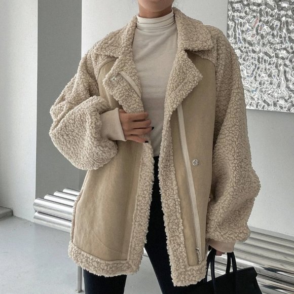 khaki "It coat" zip up faux suede teddy coat contemporary minimalist luxury - Picture 2 of 8